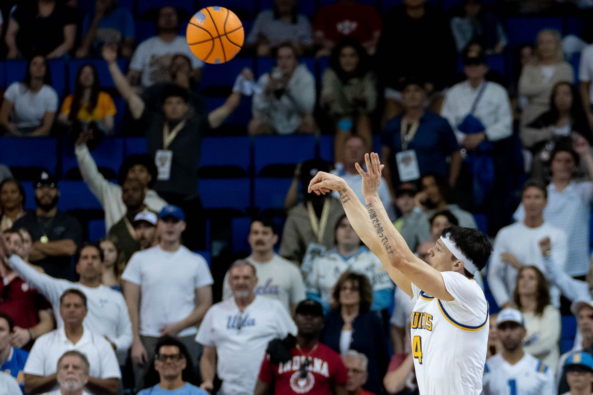 UCLA guard Jamar Brown (4) shoots the ball during a Big 10 basketball game against Indiana, Saturday, January 31st, 2026 in Los Angeles, California