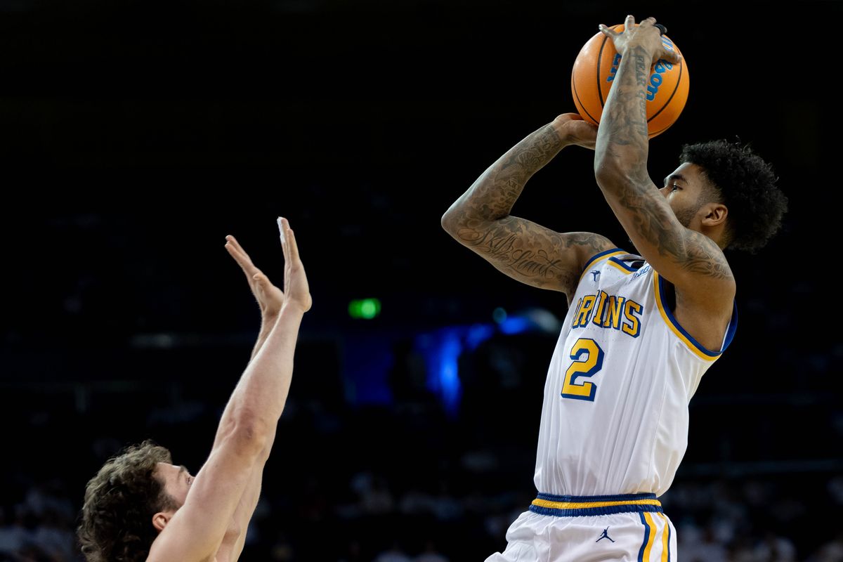 UCLA guard Donovan Dent (2) shooting the ball during a Big 10 basketball game against Indiana, Saturday, January 31st, 2026 in Los Angeles, California