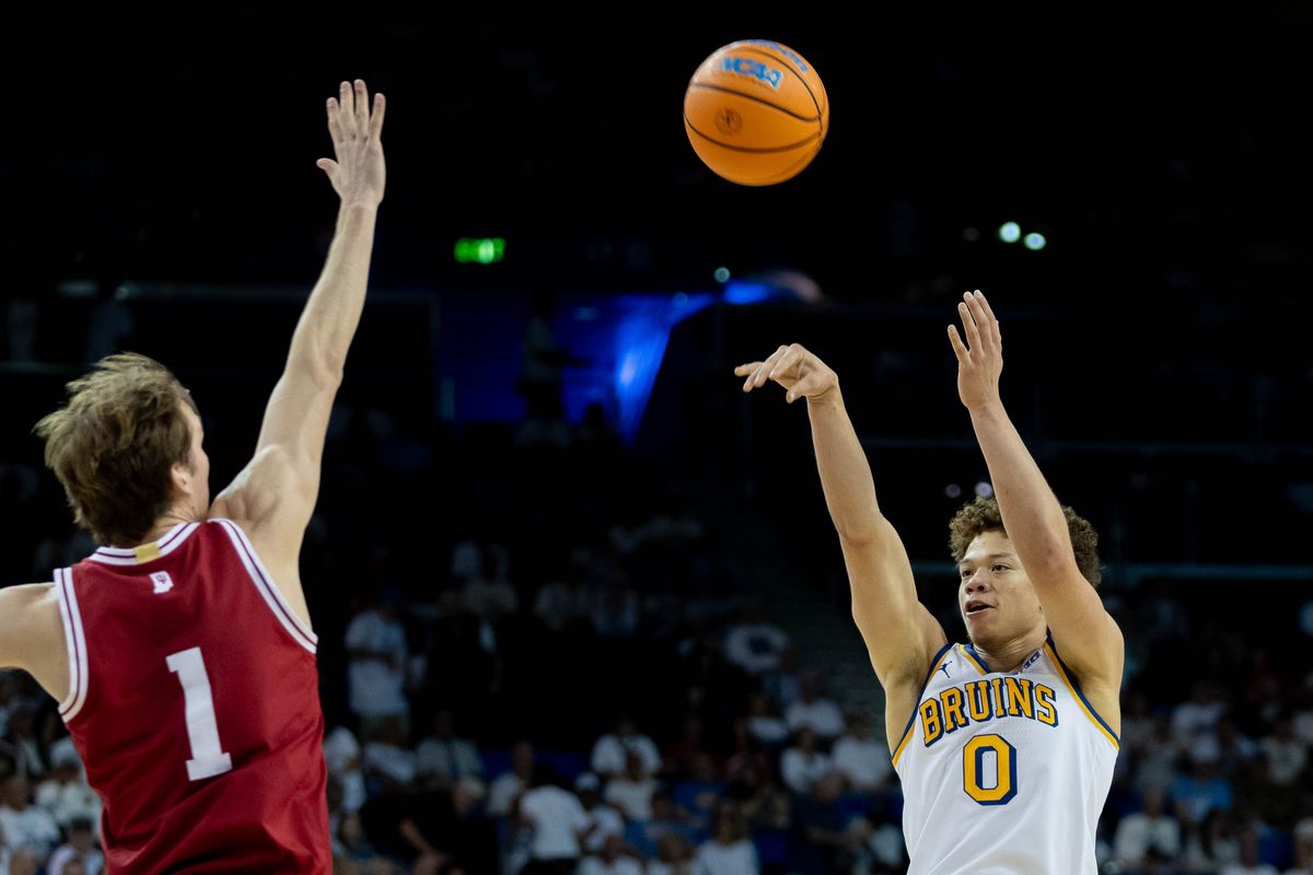 UCLA guard Trent Perry(0) shoots the ball during a Big 10 basketball game against Indiana, Saturday, January 31st, 2026 in Los Angeles, California