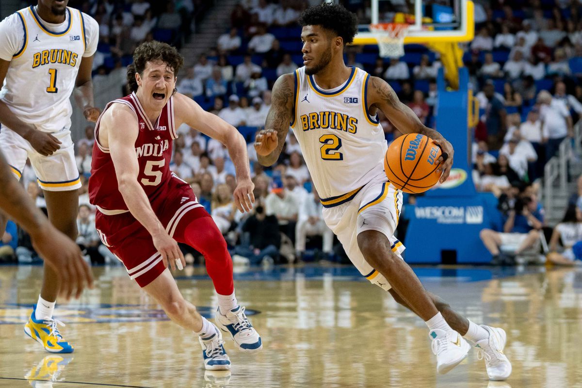 UCLA guard Donovan Dent (2) looks to score during a Big 10 basketball game against Indiana, Saturday, January 31st, 2026 in Los Angeles, California