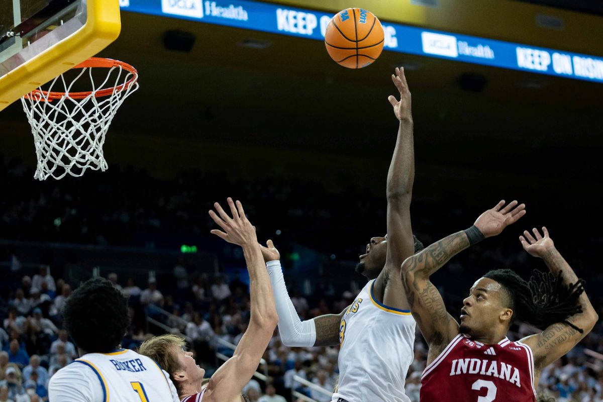 UCLA forward Eric Daily Jr. (3) lays it up during a Big 10 basketball game against Indiana, Saturday, January 31st, 2026 in Los Angeles, California