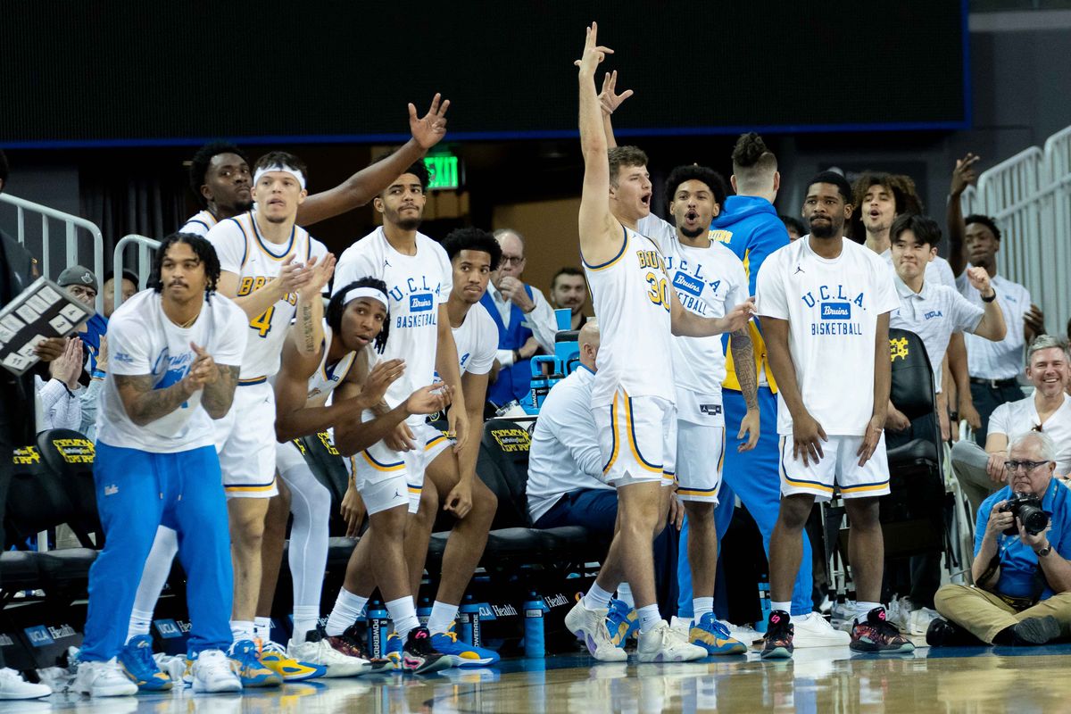UCLA bench celebrating a made three pointer during a Big 10 basketball game against Indiana, Saturday, January 31st, 2026 in Los Angeles, California