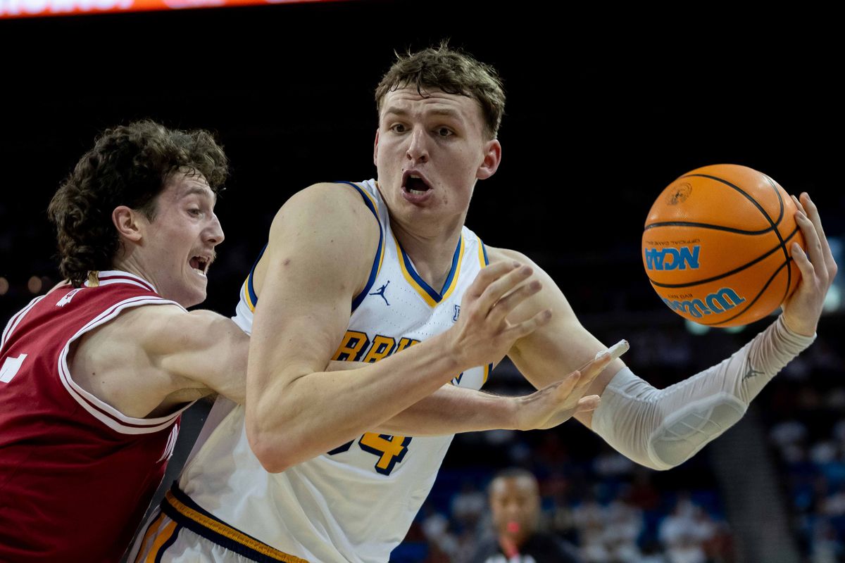 UCLA forward Tyler Bilodeau (34) fights for possession during a Big 10 basketball game against Indiana, Saturday, January 31st, 2026 in Los Angeles, California