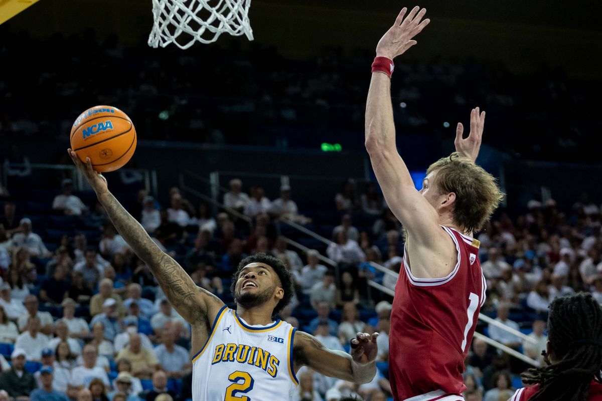 UCLA guard Donovan Dent (2) takes a lay-up during a Big 10 basketball game against Indiana, Saturday, January 31st, 2026 in Los Angeles, California