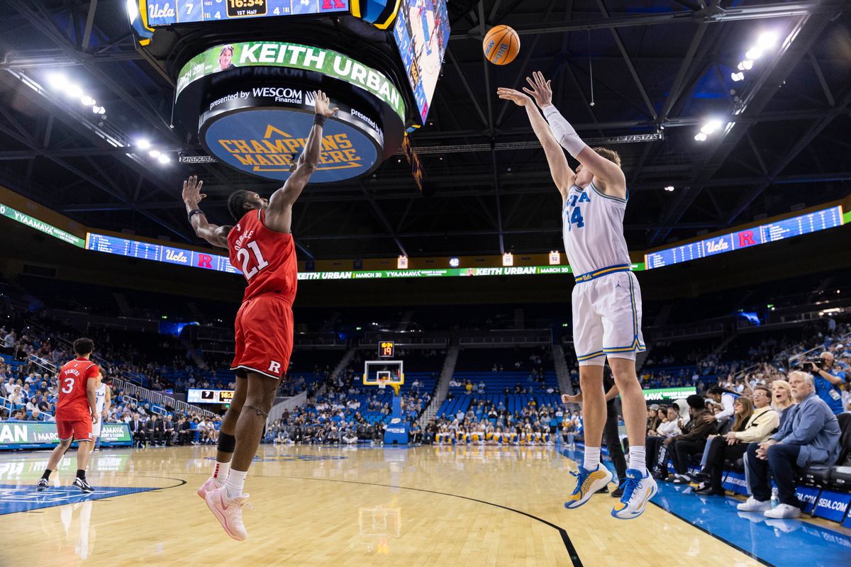 Tyler Bilodeau #34 of the UCLA Bruins shoots the ball during an NCAA basketball game against the Rutgers Scarlet Knights, Tuesday February 3, 2026 in Los Angeles, Calif.