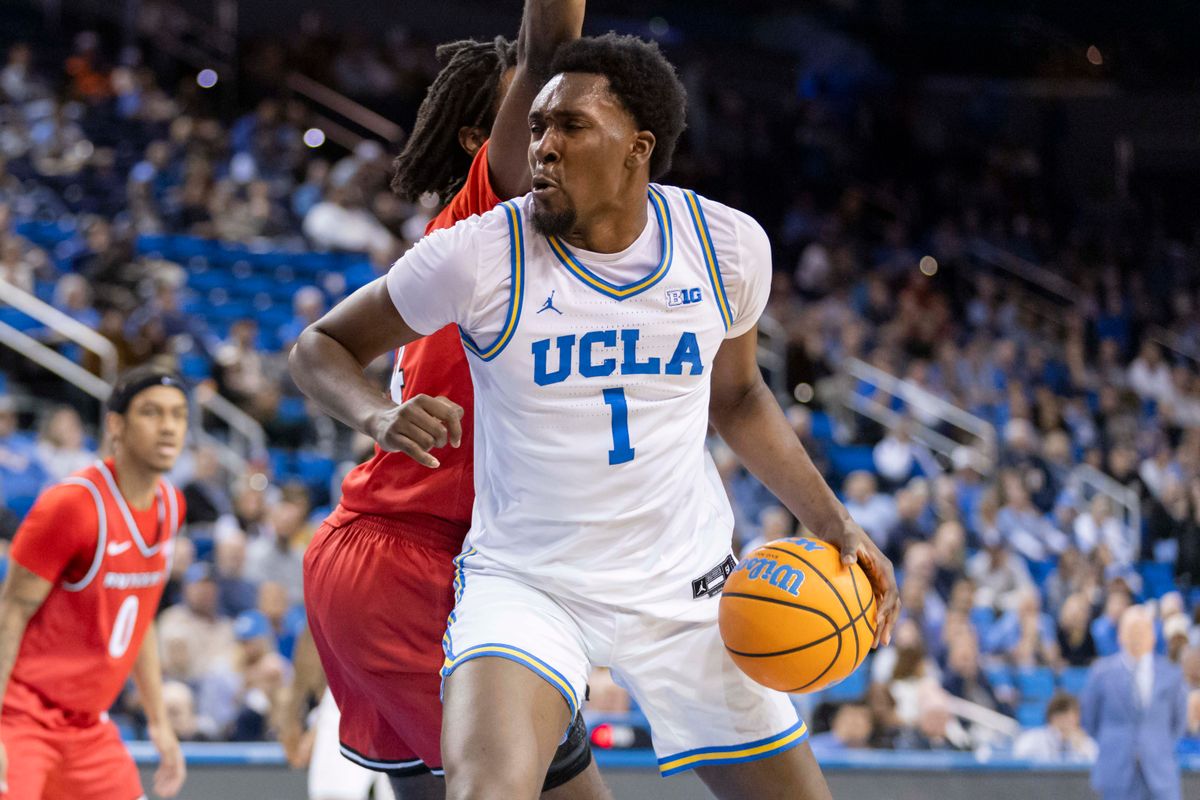 Xavier Booker #1 of the UCLA Bruins drives towards the basket during an NCAA basketball game against the Rutgers Scarlet Knights, Tuesday February 3, 2026 in Los Angeles, Calif.