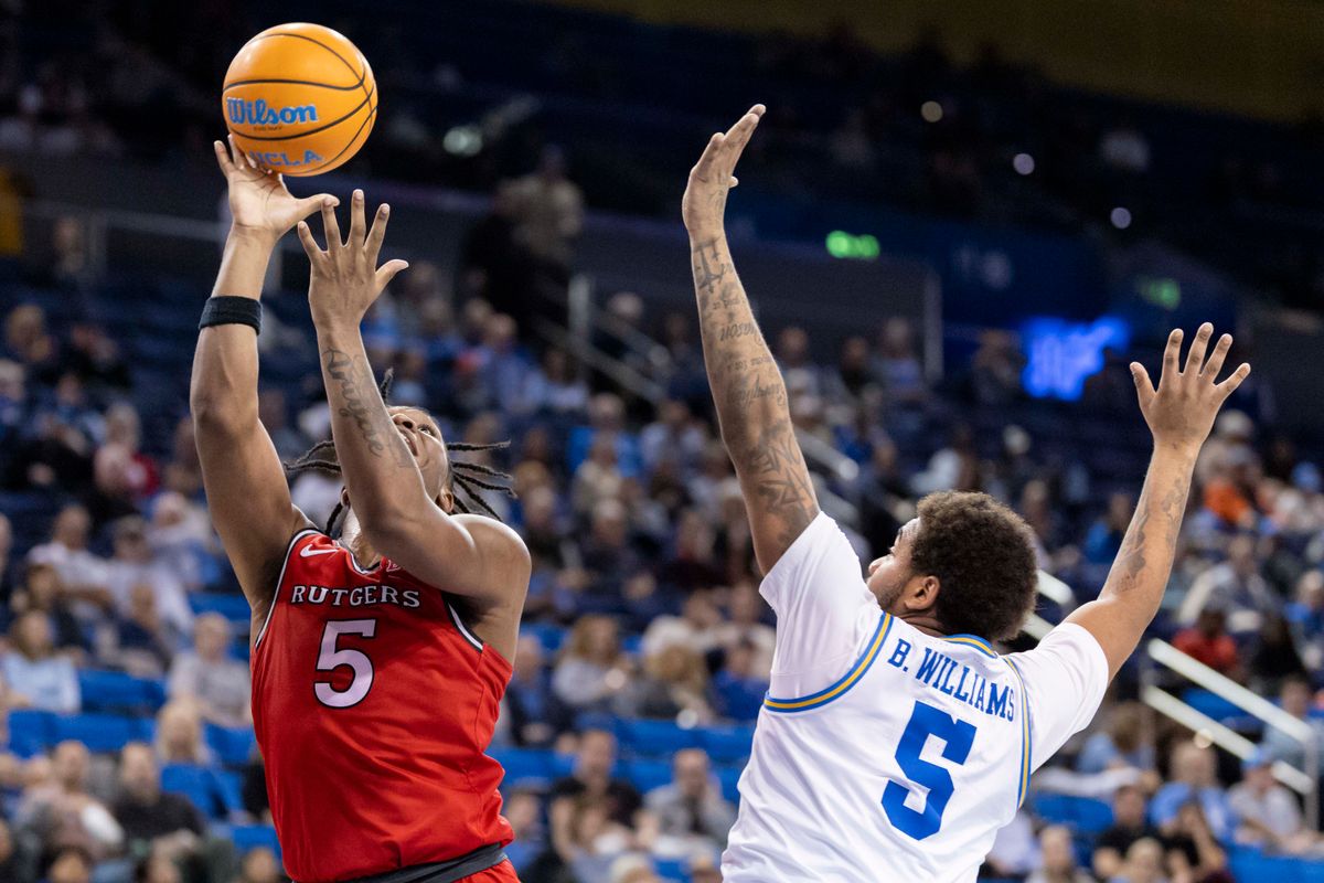 Darren Buchanan Jr. #5 of the Rutgers Scarlet Knights shoots the ball during an NCAA basketball game against the UCLA Bruins, Tuesday February 3, 2026 in Los Angeles, Calif.