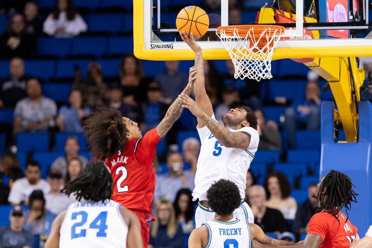 Brandon Williams #5 of the UCLA Bruins lays the ball up during an NCAA basketball game against the Rutgers Scarlet Knights, Tuesday February 3, 2026 in Los Angeles, Calif.