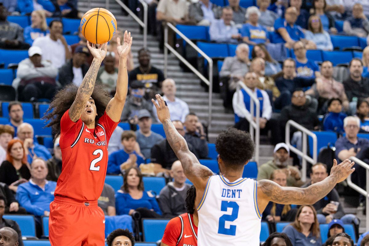 Lino Mark #2 of the Rutgers Scarlet Knights shoots the ball during an NCAA basketball game against the UCLA Bruins, Tuesday February 3, 2026 in Los Angeles, Calif.