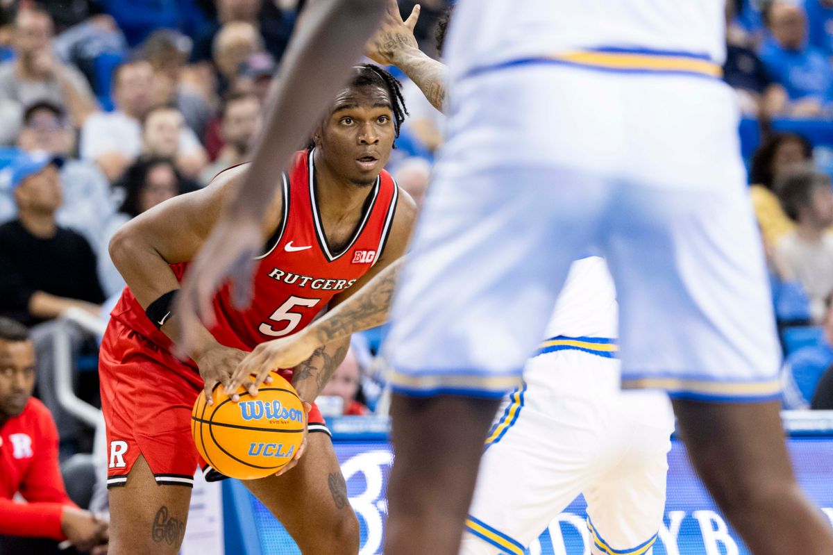 Darren Buchanan Jr. #5 of the Rutgers Scarlet Knights holds the ball during an NCAA basketball game against the UCLA Bruins, Tuesday February 3, 2026 in Los Angeles, Calif.