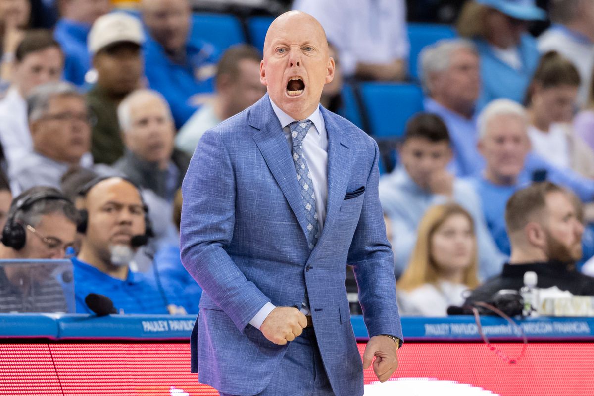 Head coach Mick Cronin of the UCLA Bruins yells from the sideline during an NCAA basketball game against the Rutgers Scarlet Knights, Tuesday February 3, 2026 in Los Angeles, Calif.