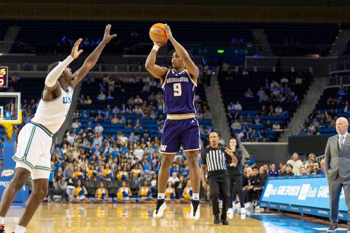 Washington guard Wesley Yates III (9) hits a three pointer during an NCAA basketball game against UCLA, Saturday February 7th, 2026 in Los Angeles, California. 