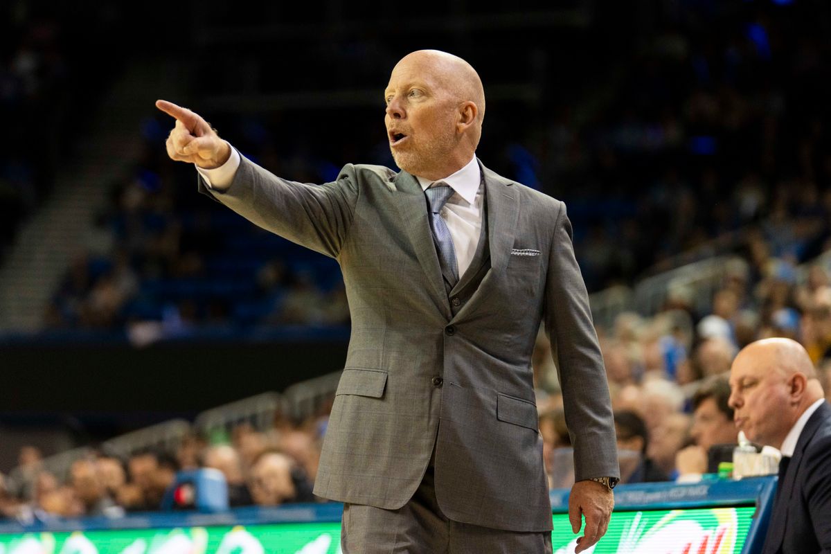UCLA head coach Mick Cronin setting up the offense during an NCAA basketball game against Washington, Saturday February 7th, 2026 in Los Angeles, California. 