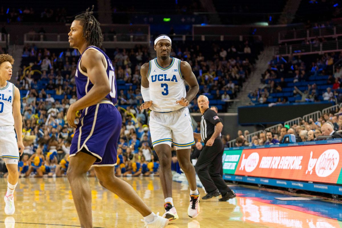 UCLA forward Eric Dailey Jr. (3) celebrates his clutch turnaround jumper during an NCAA basketball game against Washington, Saturday February 7th, 2026 in Los Angeles, California. 