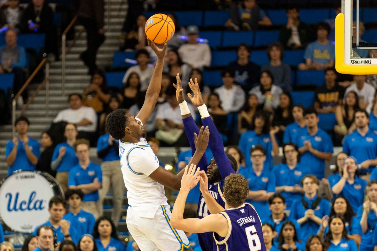 UCLA forward Xavier Booker (1) shoots a floater during an NCAA basketball game against Washington, Saturday February 7th, 2026 in Los Angeles, California. 