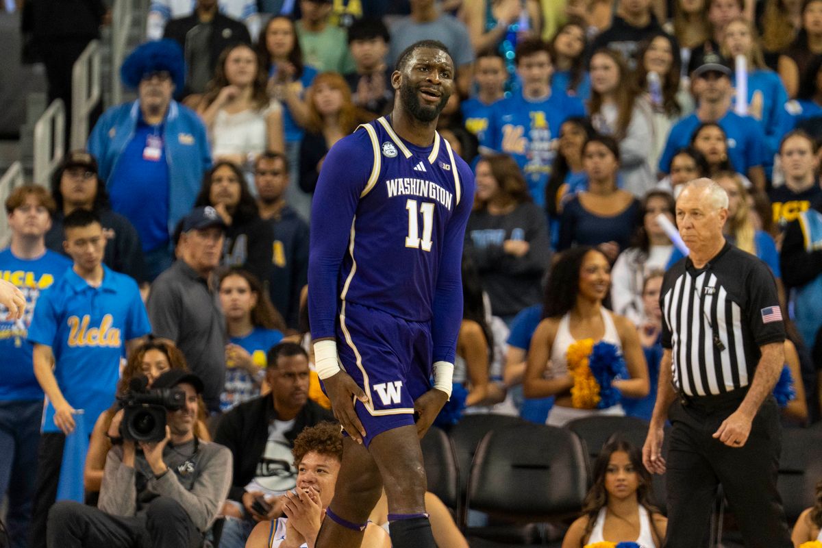 Washington forward Frank Kepnang (11) disagrees with the call during an NCAA basketball game against UCLA, Saturday February 7th, 2026 in Los Angeles, California.