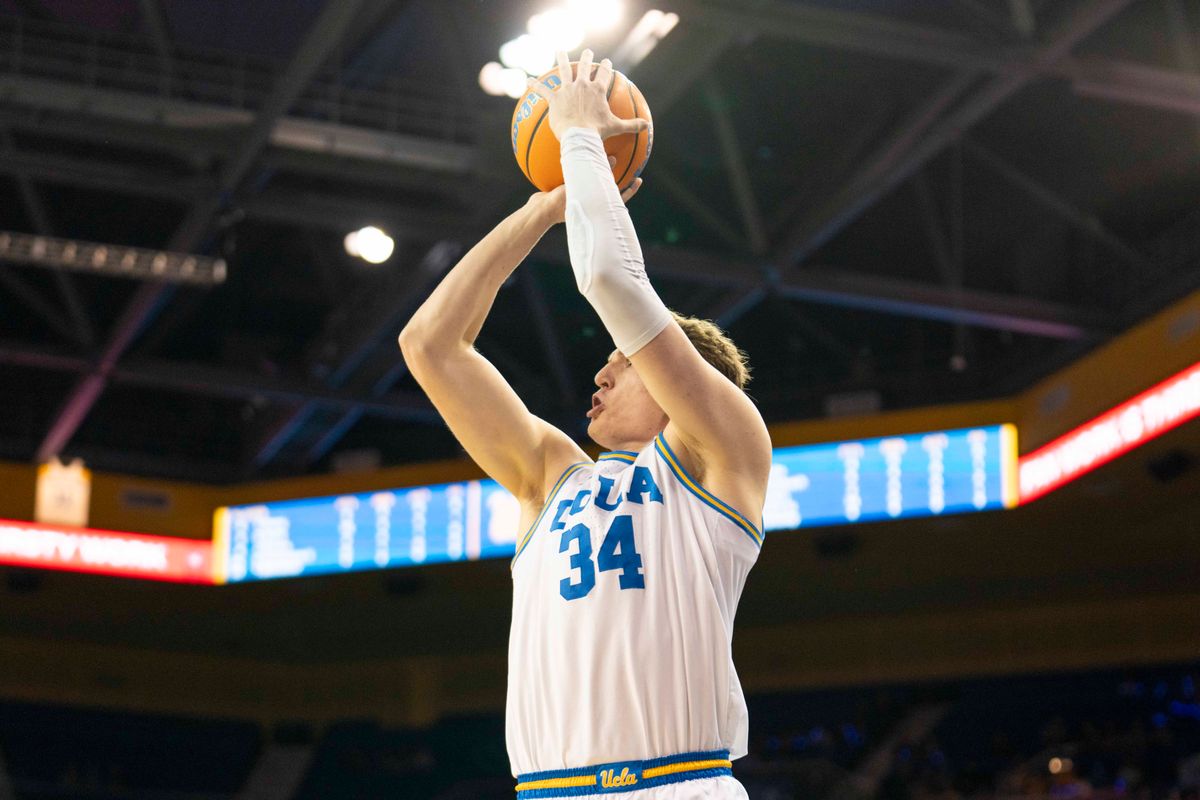 UCLA forward Tyler Bilodeau (34) hits the corner three during an NCAA basketball game against Washington, Saturday February 7th, 2026 in Los Angeles, California. 