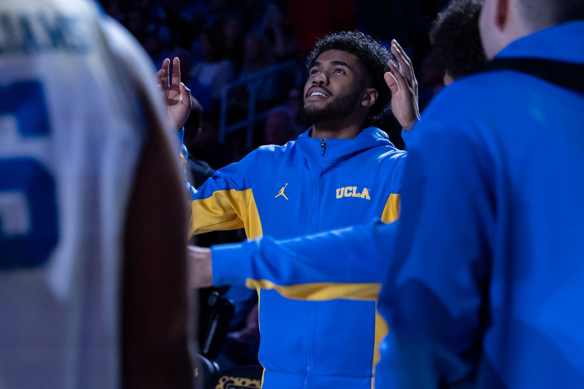 Donovan Dent #2 of the UCLA Bruins is introduced during the starting lineups before an NCAA basketball game against the Nebraska Cornhuskers, Tuesday March 3, 2026 in Los Angeles, Calif.