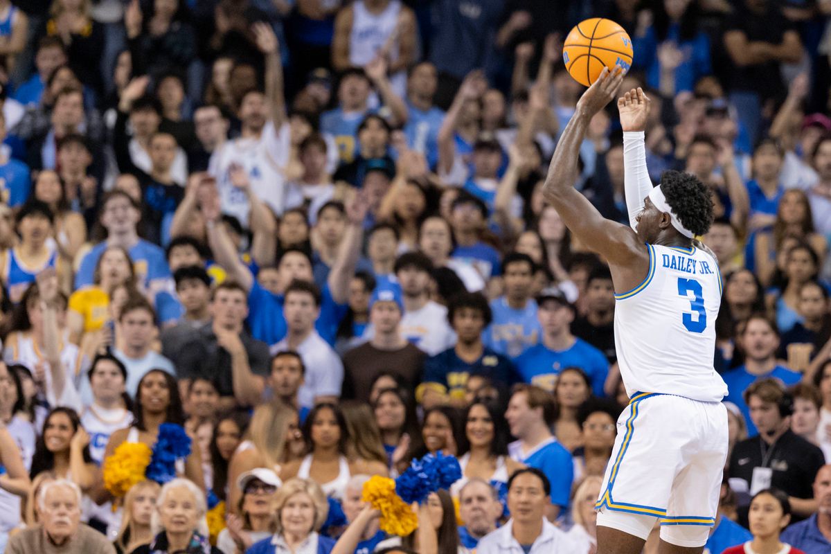 Eric Dailey Jr. #3 of the UCLA Bruins shoots a three point shot during an NCAA basketball game against the Nebraska Cornhuskers, Tuesday March 3, 2026 in Los Angeles, Calif.
