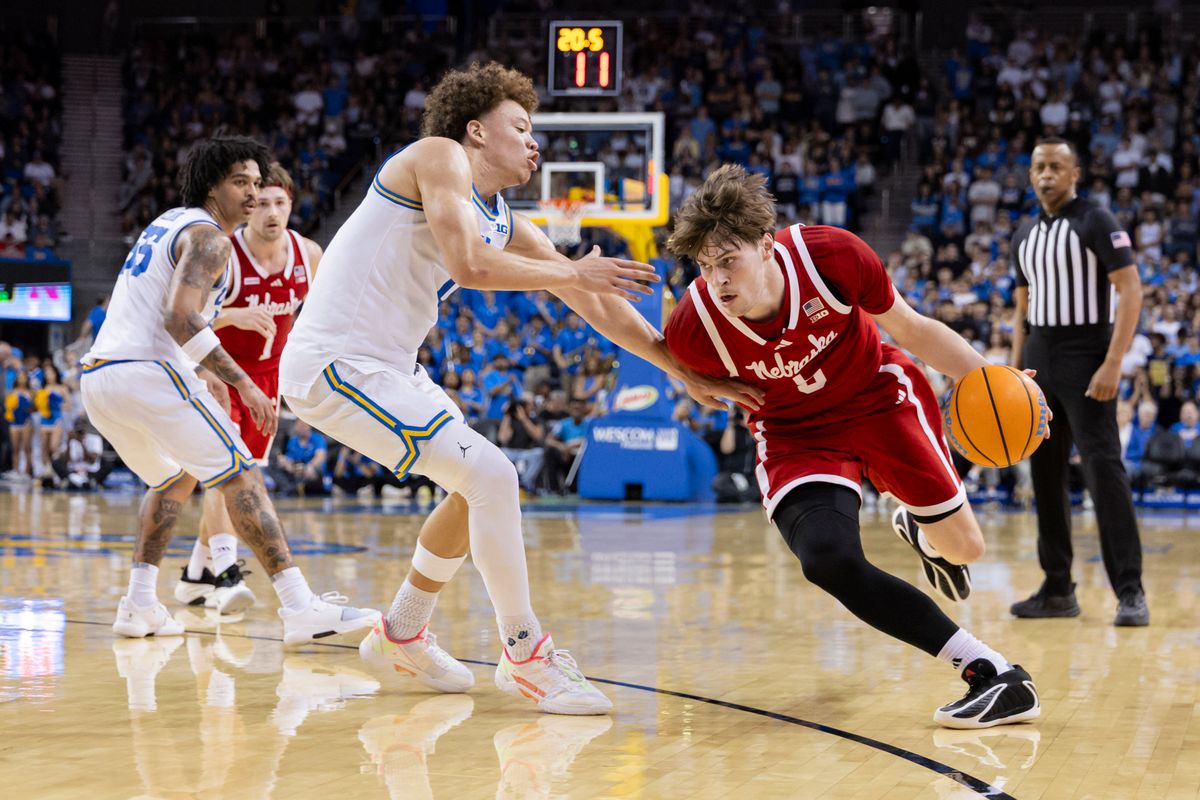 Braden Frager #5 of the Nebraska Cornhuskers drives towards the basket during an NCAA basketball game against the UCLA Bruins, Tuesday March 3, 2026 in Los Angeles, Calif.