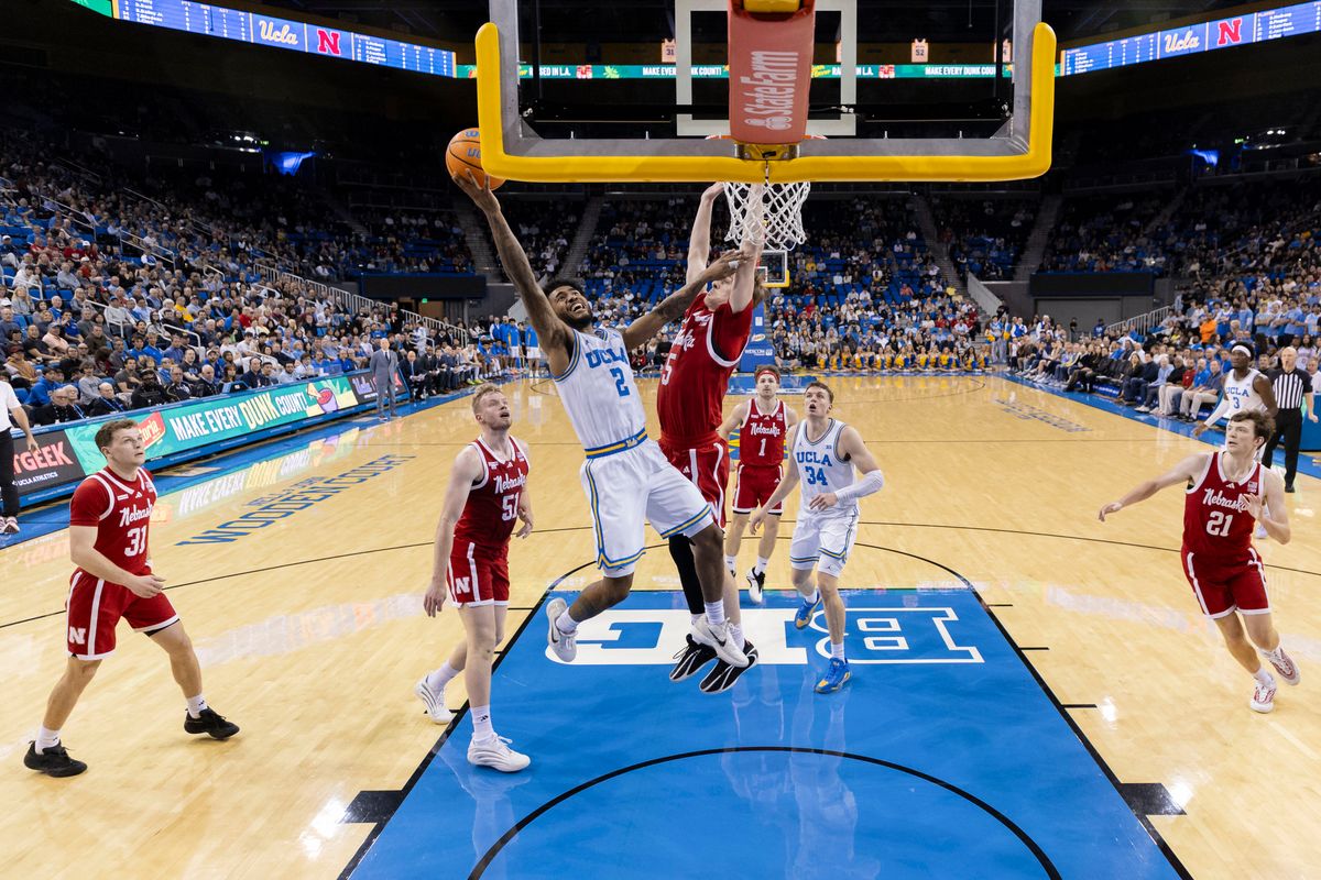 Donovan Dent #2 of the UCLA Bruins lays the ball up during an NCAA basketball game against the Nebraska Cornhuskers, Tuesday March 3, 2026 in Los Angeles, Calif.