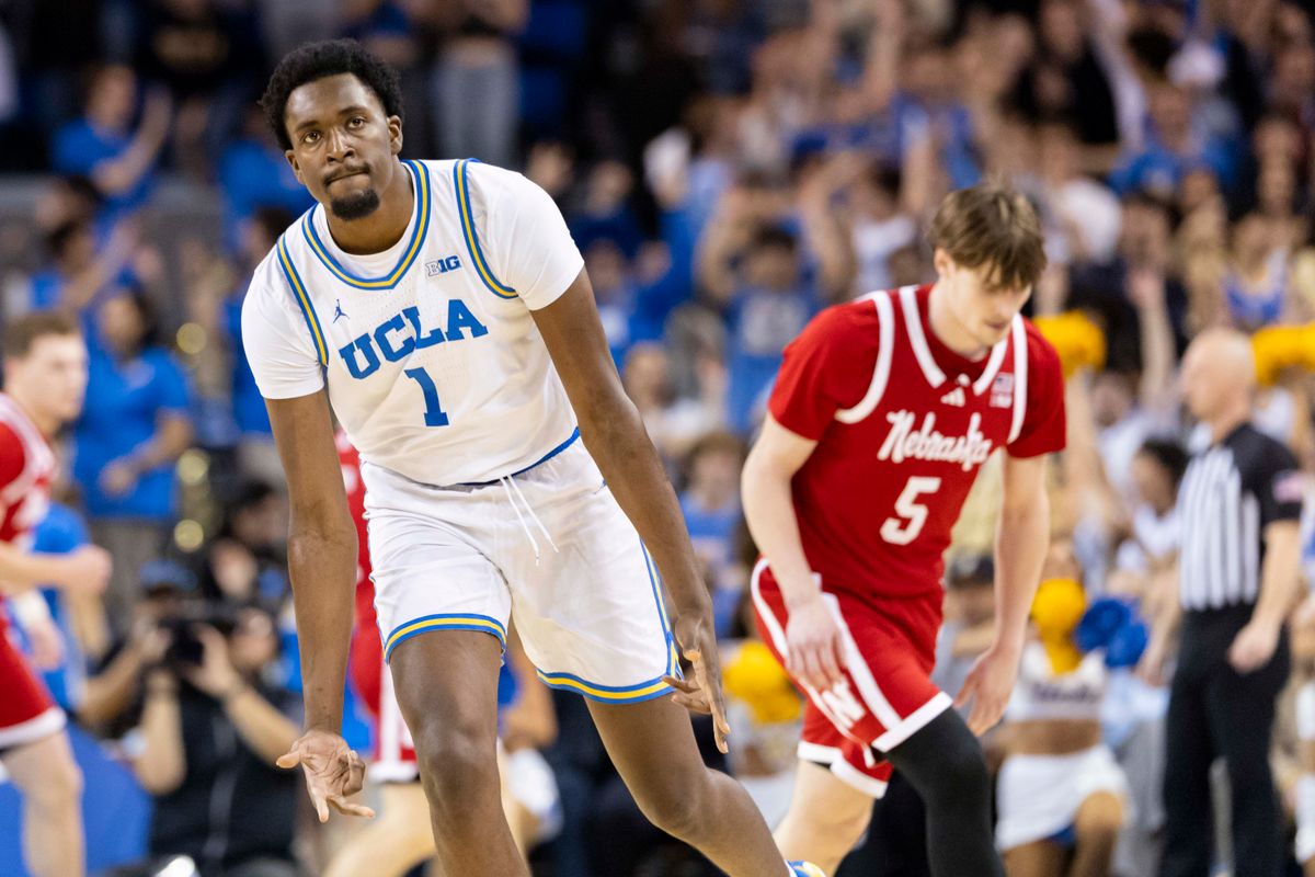 Xavier Booker #1 of the UCLA Bruins celebrates a made three point shot during an NCAA basketball game against the Nebraska Cornhuskers, Tuesday March 3, 2026 in Los Angeles, Calif.
