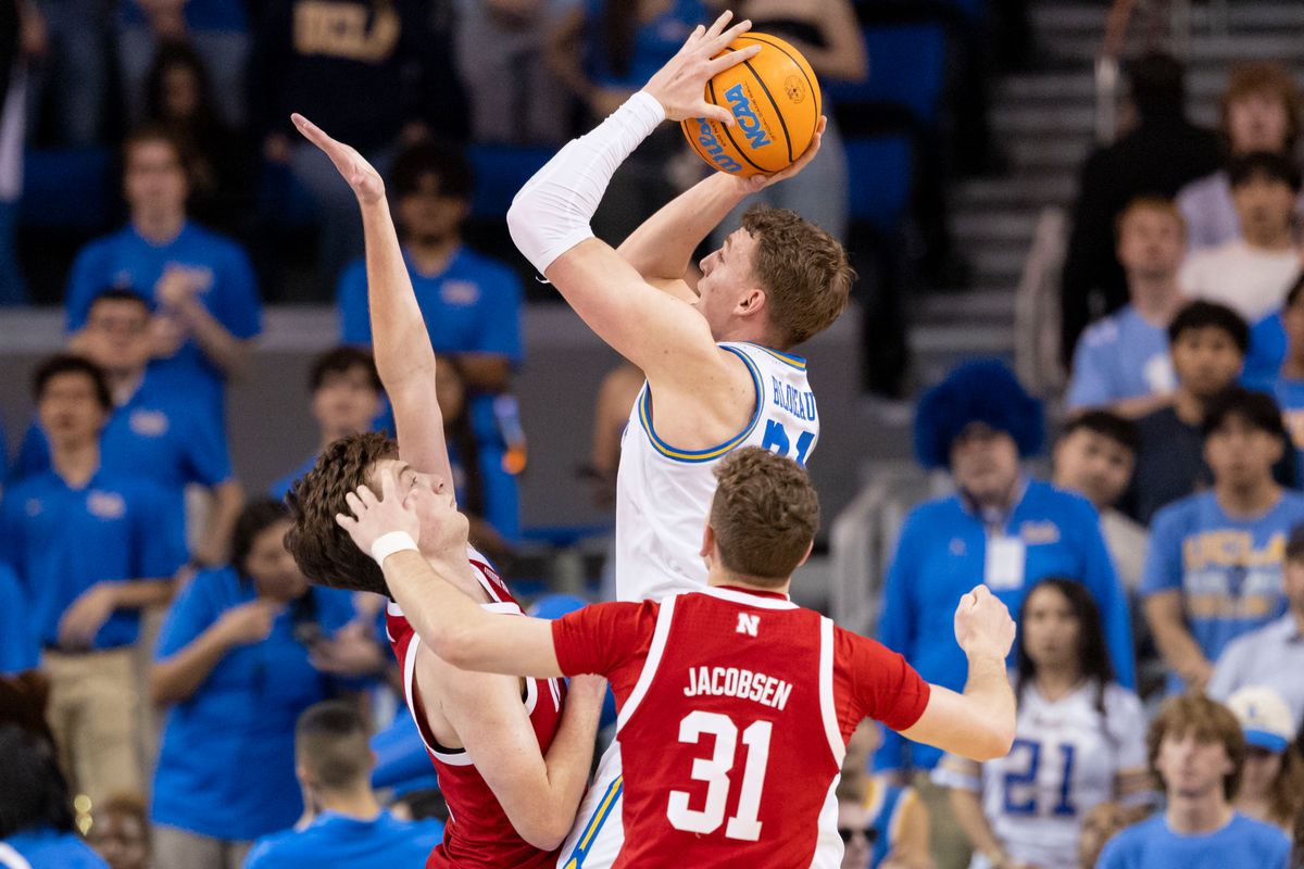 Tyler Bilodeau #34 of the UCLA Bruins shoots the ball during an NCAA basketball game against the Nebraska Cornhuskers, Tuesday March 3, 2026 in Los Angeles, Calif.