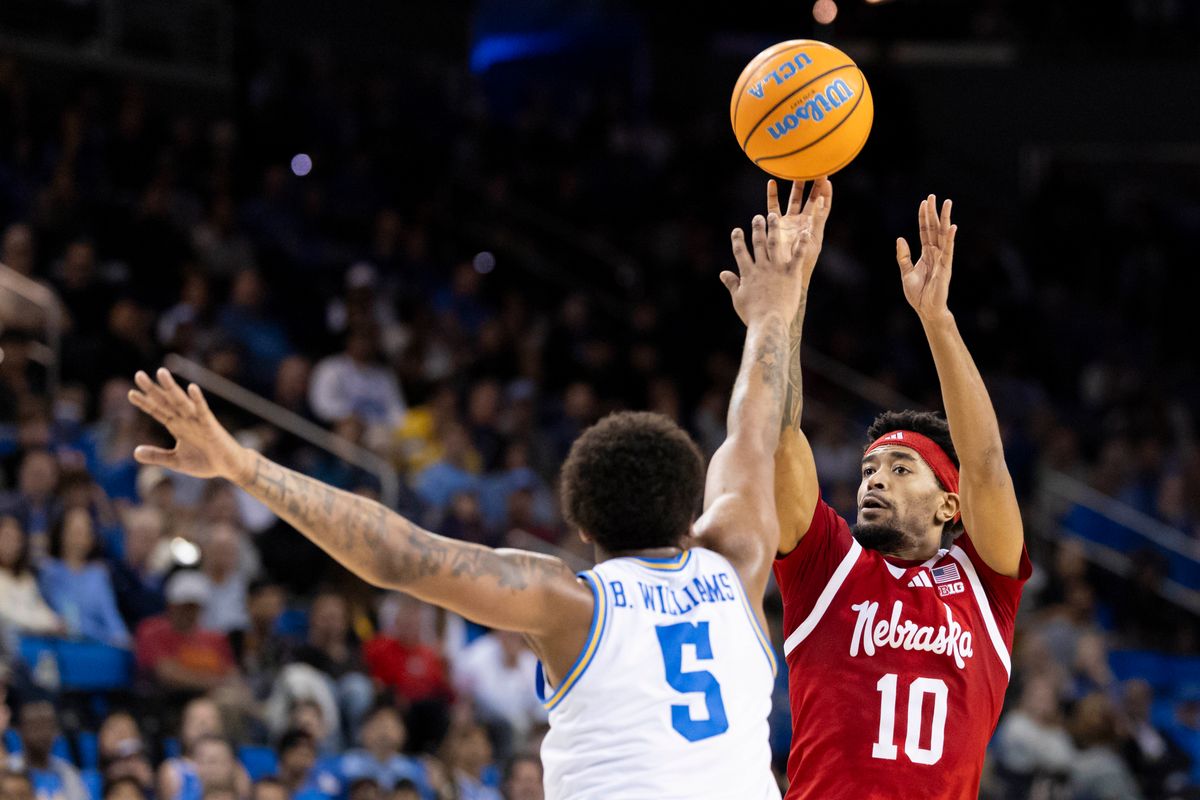 Jamarques Lawrence #10 of the Nebraska Cornhuskers shoots the ball during an NCAA basketball game against the UCLA Bruins, Tuesday March 3, 2026 in Los Angeles, Calif.