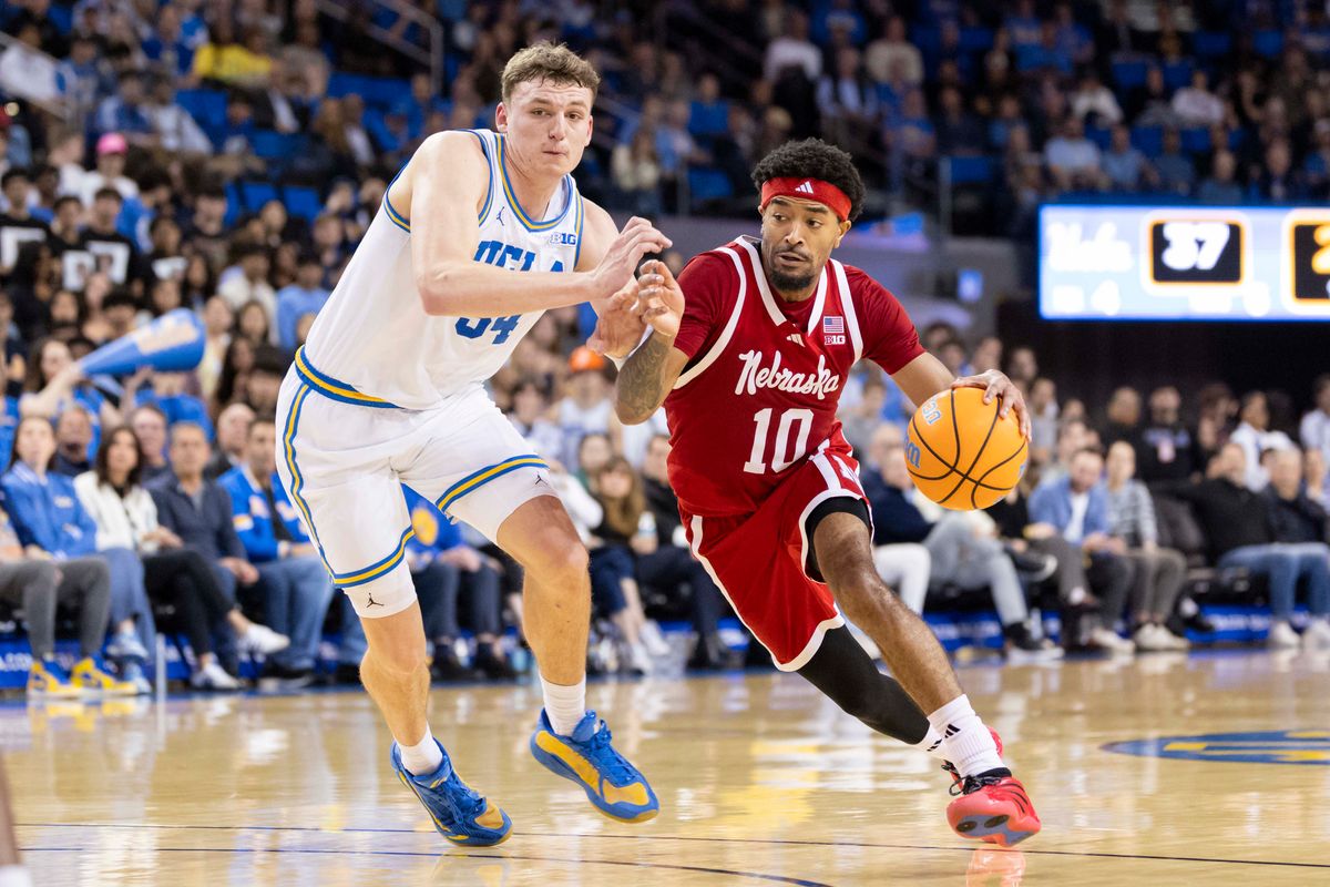 Jamarques Lawrence #10 of the Nebraska Cornhuskers drives towards the basket during an NCAA basketball game against the UCLA Bruins, Tuesday March 3, 2026 in Los Angeles, Calif.