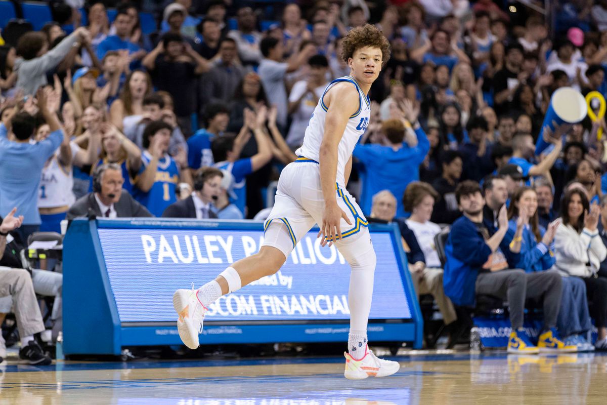 Trent Perry #0 of the UCLA Bruins celebrates while running down the court during an NCAA basketball game against the Nebraska Cornhuskers, Tuesday March 3, 2026 in Los Angeles, Calif.