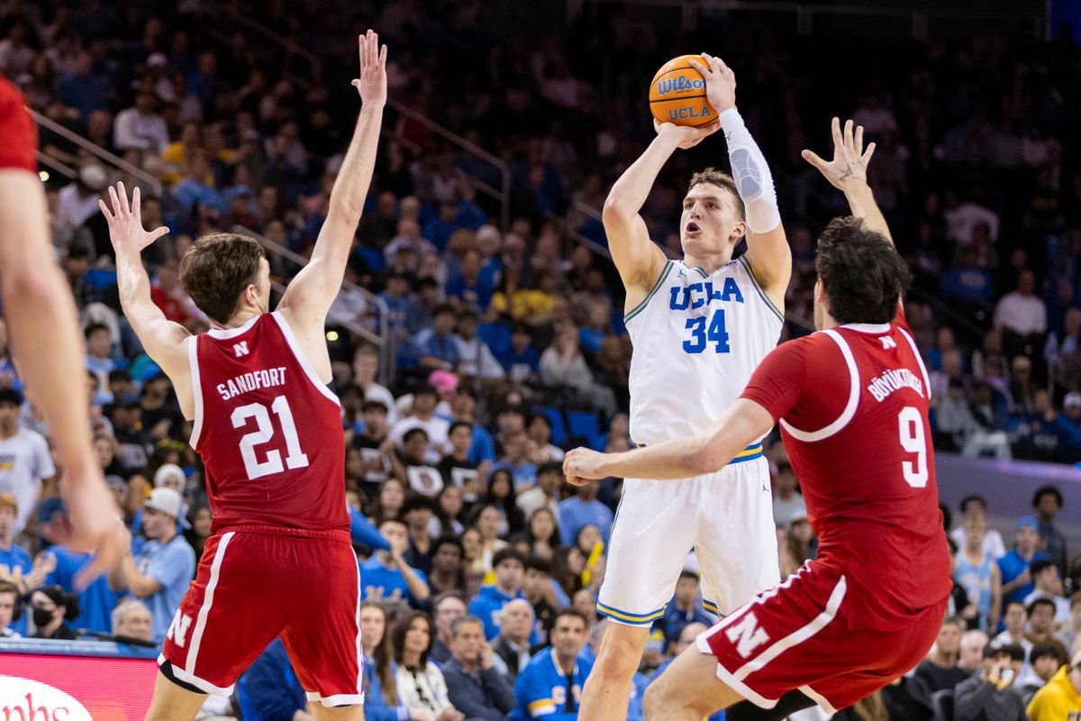 Tyler Bilodeau #34 of the UCLA Bruins shoots the ball during an NCAA basketball game against the Nebraska Cornhuskers, Tuesday March 3, 2026 in Los Angeles, Calif.