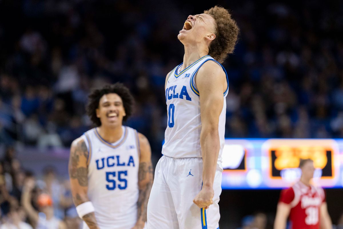 Trent Perry #0 of the UCLA Bruins celebrates during an NCAA basketball game against the Nebraska Cornhuskers, Tuesday March 3, 2026 in Los Angeles, Calif.