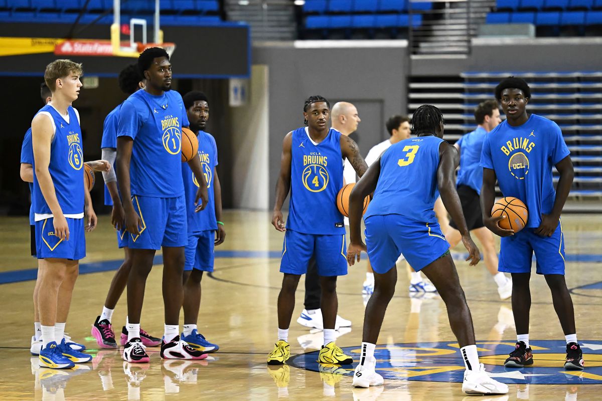 The UCLA men's basketball team practices during media day at Pauley Pavilion in Los Angeles, Tuesday, Oct. 6, 2026. The UCLA men's basketball team practices during media day at Pauley Pavilion in Los Angeles, Tuesday, Oct. 6, 2026.