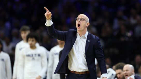 UConn Huskies head coach Dan Hurley reacts in the first half during a first round game of the men's 2026 NCAA Tournament at Xfinity Mobile Arena. 