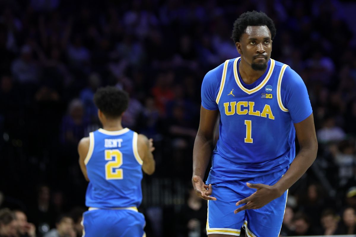UCLA Bruins center Xavier Booker (1) reacts against the UConn Huskies in the first half during a second round game of the men's 2026 NCAA Tournament at Xfinity Mobile Arena. 