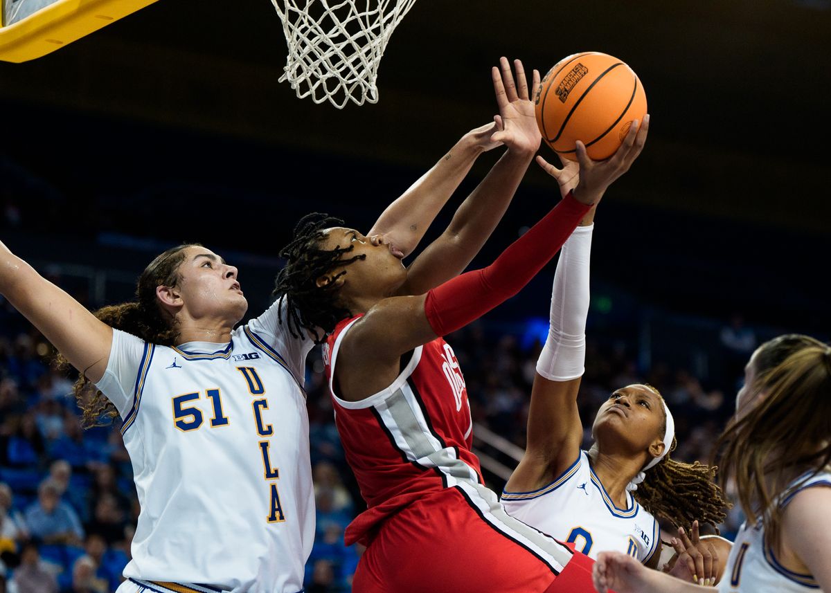 UCLA Center, Lauren Betts (51) defends an attempt at the basket during a NCAA Womens' Basketball game against the Ohio State, February 5, 2025 in Los Angeles.