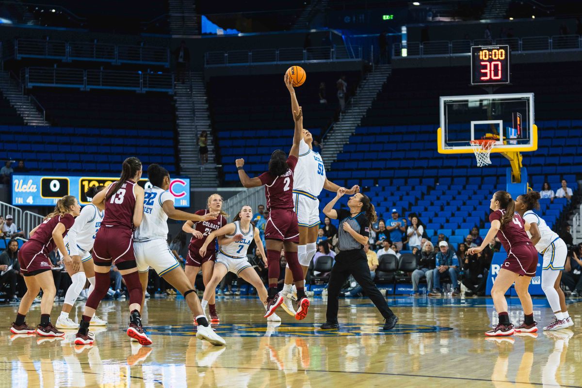 UCLA Bruins Center Lauren Betts (51)  winning the tip-off during an NCAA basketball game against Colgate, Sunday November 10th, 2024 in Los Angeles, California. 