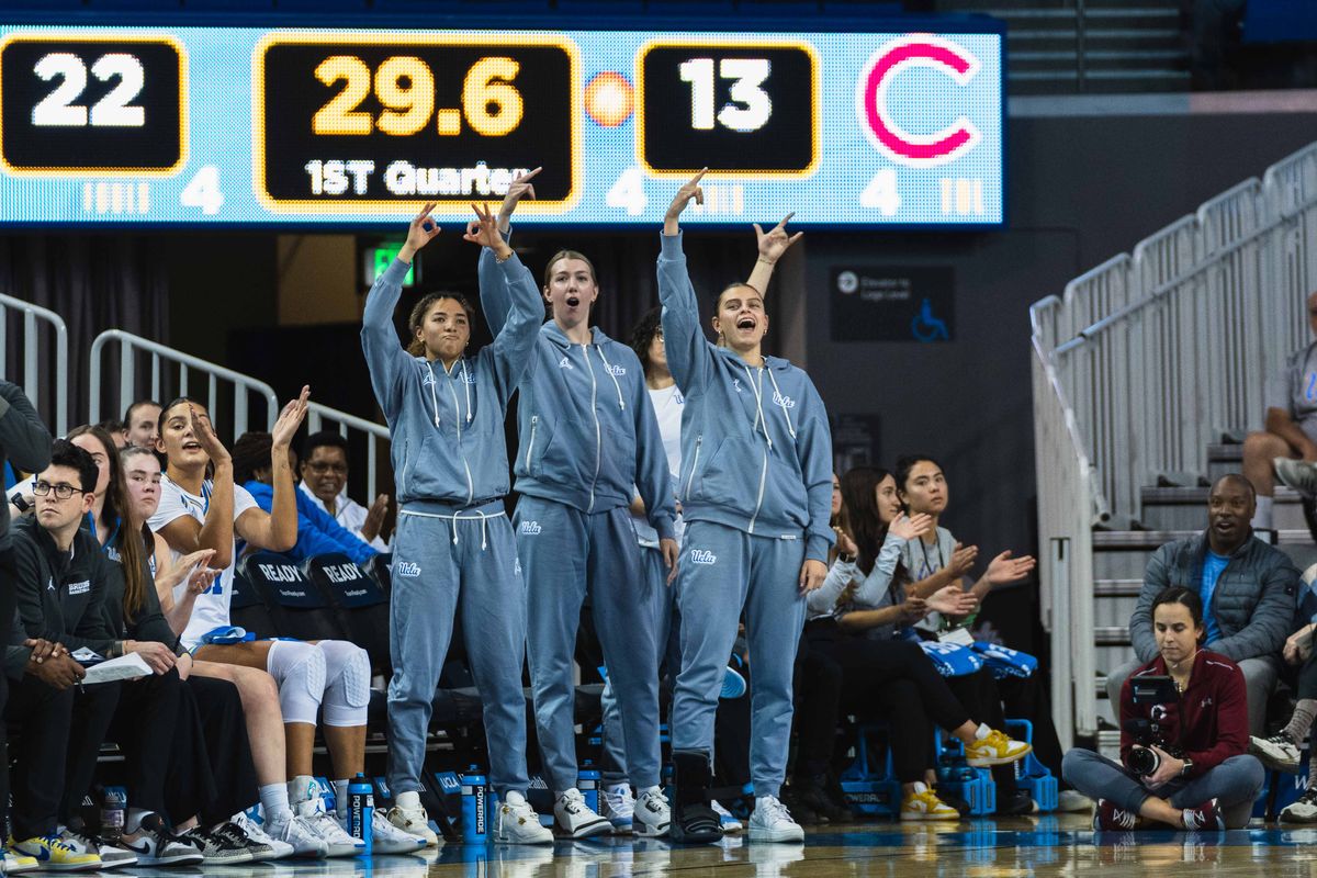 UCLA Bruins bench celebrating a made three-pointer during an NCAA basketball game against Colgate, Sunday November 10th, 2024 in Los Angeles, California. 