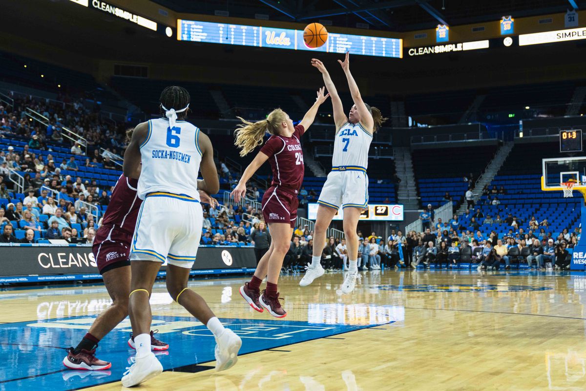 UCLA Bruins Guard Elina Aarnisalo (7) draining the buzzer beating jumper during an NCAA basketball game against Colgate, Sunday November 10th, 2024 in Los Angeles, California. 