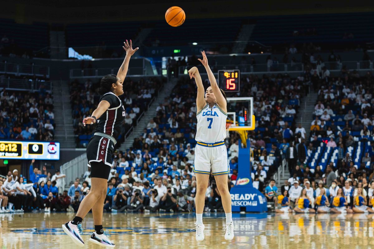 UCLA guard Elina Aarnisalo (7) with a three point attempt during an NCAA basketball game against the South Carolina Gamecocks, Sunday November 24th, 2024 in Los Angeles, California. UCLA guard Elina Aarnisalo (7) with a three point attempt during an NCAA basketball game against the South Carolina Gamecocks, Sunday November 24th, 2024 in Los Angeles, California.