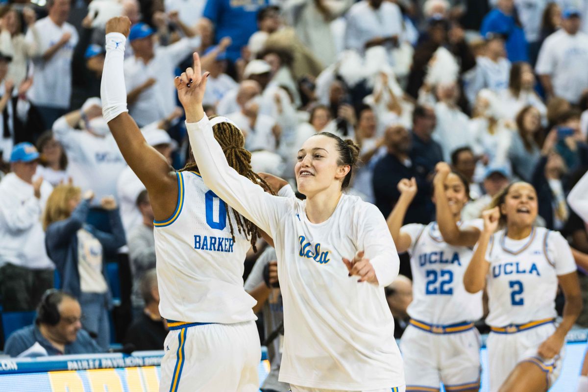 UCLA Women’s Basketball celebrating a big win at an NCAA basketball game against the South Carolina Gamecocks, Sunday November 24th, 2024 in Los Angeles, California. UCLA Women’s Basketball celebrating a big win at an NCAA basketball game against the South Carolina Gamecocks, Sunday November 24th, 2024 in Los Angeles, California.