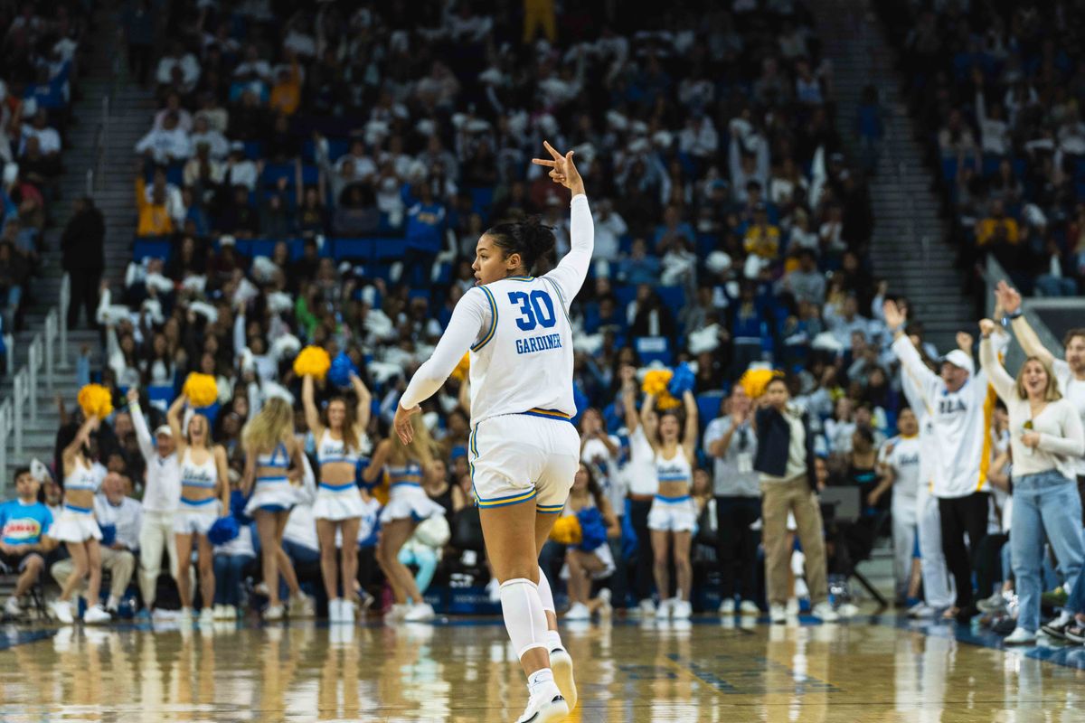 UCLA forward Timea Gardiner (30) celebrating a clutch three pointer during an NCAA basketball game against the South Carolina Gamecocks, Sunday November 24th, 2024 in Los Angeles, California. UCLA forward Timea Gardiner (30) celebrating a clutch three pointer during an NCAA basketball game against the South Carolina Gamecocks, Sunday November 24th, 2024 in Los Angeles, California.