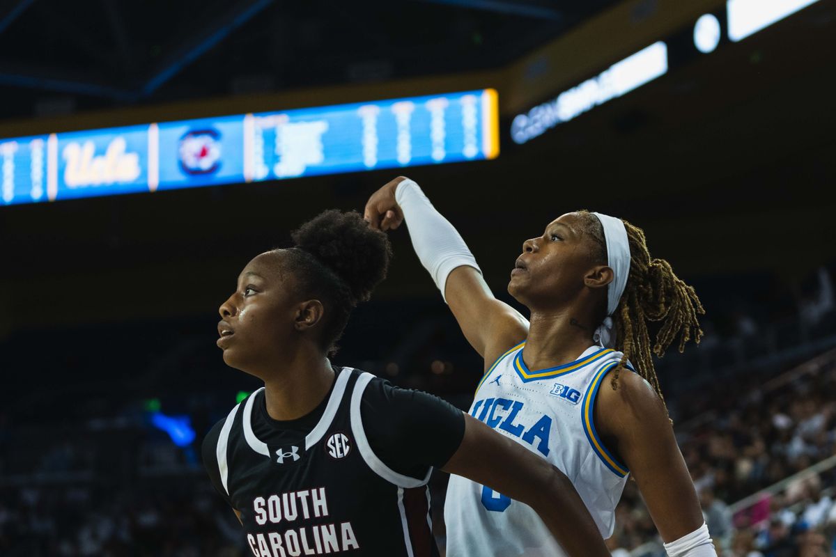 UCLA forward Janiah Barker (0) shooting over their opponent during an NCAA basketball game against the South Carolina Gamecocks, Sunday November 24th, 2024 in Los Angeles, California. UCLA forward Janiah Barker (0) shooting over their opponent during an NCAA basketball game against the South Carolina Gamecocks, Sunday November 24th, 2024 in Los Angeles, California.