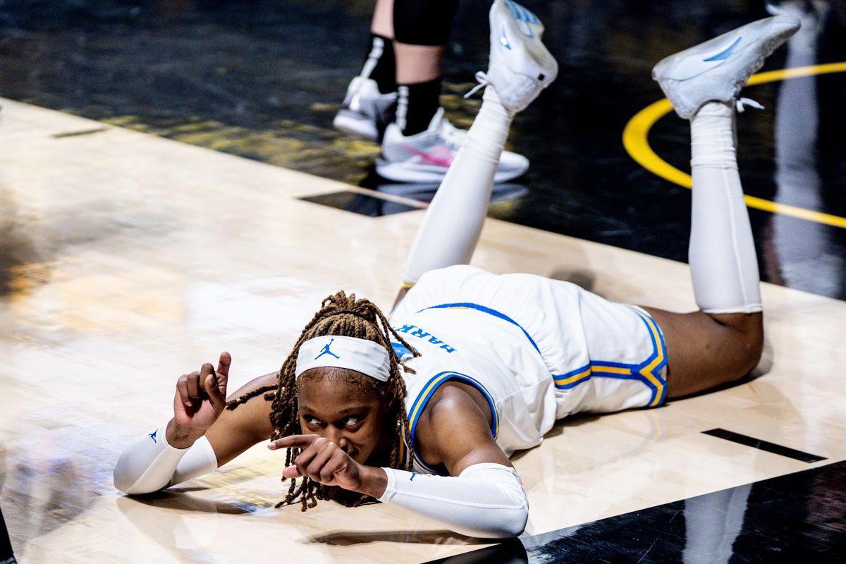 UCLA F Janiah Barker (0) celebrates an and one basket in a game against Penn State, Wednesday January 15, 2025 in Long Beach, Calif.