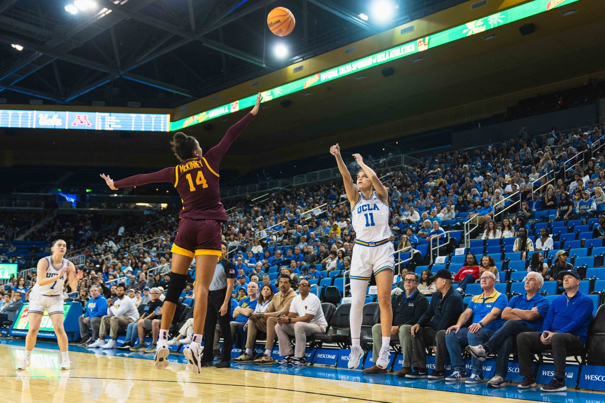 UCLA Bruins guard Gabriela Jaquez (11) shooting a three-pointer during a Big 10 basketball game against Minnesota, Sunday February 2nd, 2025 in Los Angeles, California. UCLA Bruins guard Gabriela Jaquez (11) shooting a three-pointer during a Big 10 basketball game against Minnesota, Sunday February 2nd, 2025 in Los Angeles, California.