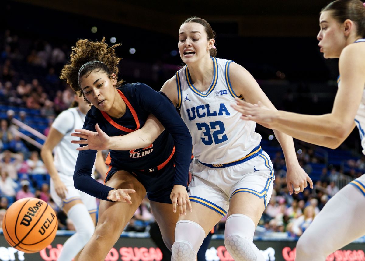 UCLA Forward Angela Dugalic (32) draws a foul during a NCAA Womens' Basketball game against the University of Illinois, February 20, 2025 in Los Angeles.