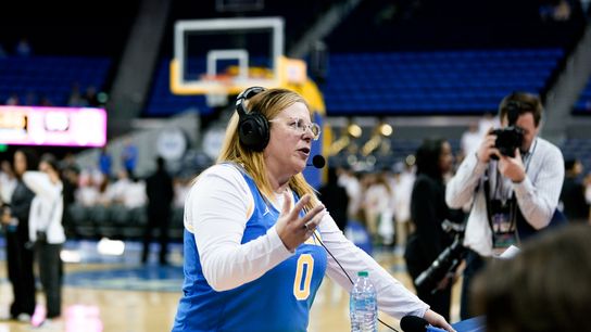 UCLA Head Coach, Cori Close, responds to post-game interview questions on the court after their NCAA Womens' Basketball game win against the University of Illinois, February 20, 2025 in Los Angeles.