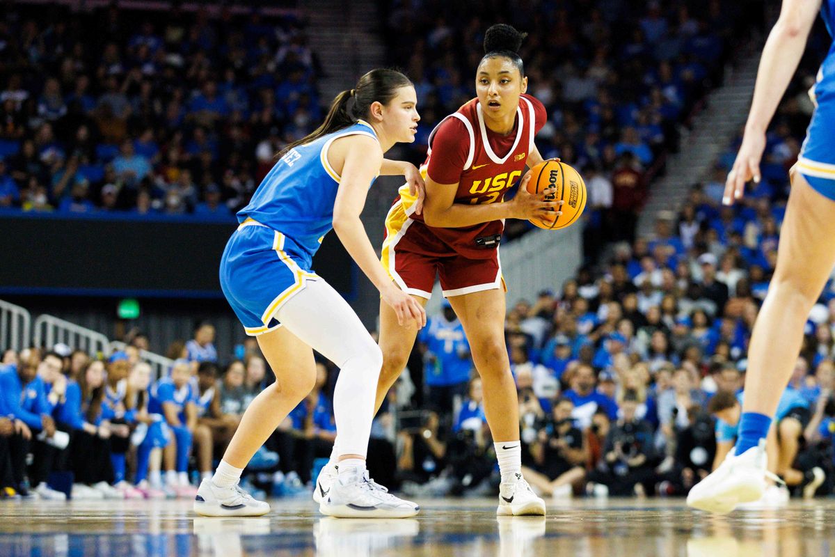 JuJu Watkins #12 of the USC Trojans during the second half against UCLA Bruins at Pauley Pavilion on March 1, 2025 in Los Angeles, California.