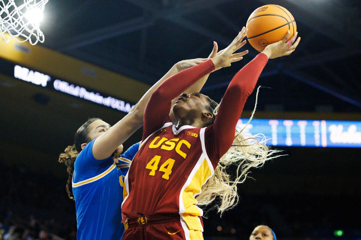 Kiki Iriafen #44 of the USC Trojans shoots the ball during the second half against UCLA Bruins at Pauley Pavilion on March 1, 2025 in Los Angeles, California.