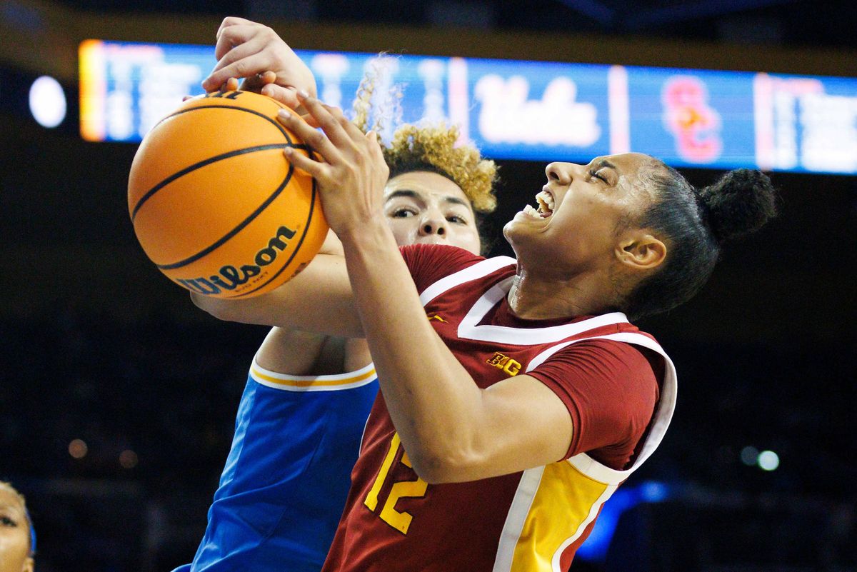 JuJu Watkins #12 of the USC Trojans is blocked during the second half against UCLA Bruins at Pauley Pavilion on March 1, 2025 in Los Angeles, California. 